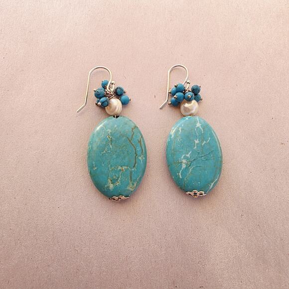 Artisan Turquoise Pearl Stone 925 Sterling Silver Drop Earrings New Stamped - Picture 3 of 9
